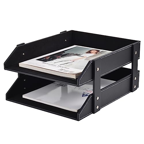 Leather Desk Organizer,2-Tier Stackable Letter Tray Holder,Office Supplies Desktop Storage Box for Document,Stationery,Magazines,Newspapers,Letters and Other Home Office Paper Sundries,Black - color: Black