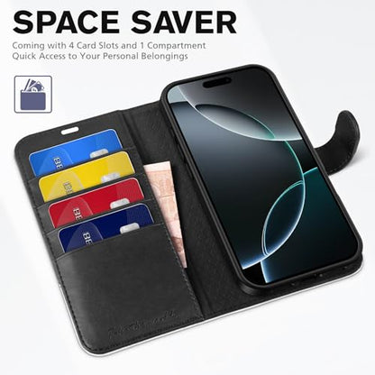 TUCCH Wallet Case for iPhone 16 Pro (6.3"), 4 Card Holders, Black & White | RFID Blocking, Viewing Stand, Shockproof TPU Shell, PU Leather, Magnetic Closure, Protective Folio Flip Cover - color: Black & White