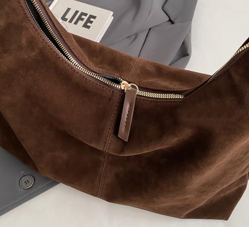 Women’s Trendy Suede Tote Bag Shoulder Bags For Women Fall Underarm Bag Winter Hobo Bag Work Purses Suede Travel Handbag - color: Coffee