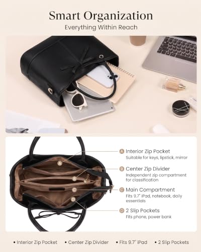 LOVEVOOK Purses for Women, Leather Tote Satchel Shoulder Bag - color: Black, size: Medium-12inch