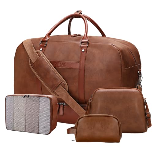 Large 4-in-1 Leather Duffle Bag for Travel Weekender Overnight Hospital Gym Bag for Men & Women, Carry On Airline Approved Personal Item Duffel Garment Bag Luggage with Shoe Compartment & Toiletry Bag - color: 4PCS Brown