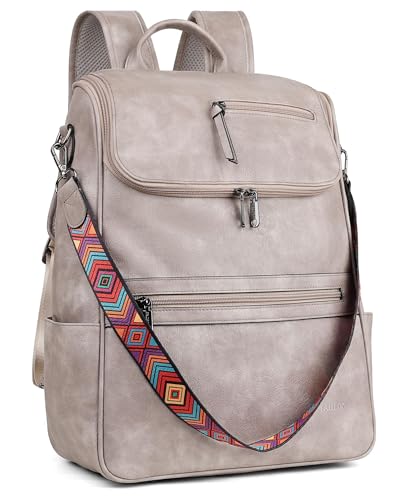 FADEON Laptop Backpack for Women, Vegan Leather 15.6 inch Computer bag | Waterproof Backpack Fits 13 14 inch, Padded Sleeve, Designer Water Bottle Pockets, Luggage Strap for Travel Work School - color: Grey Retro Style