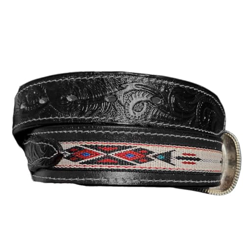 Authentic Handmade Mexican Leather Belt for Men – Western Cowboy Style with Silver Buckle - color: Black, size: 46
