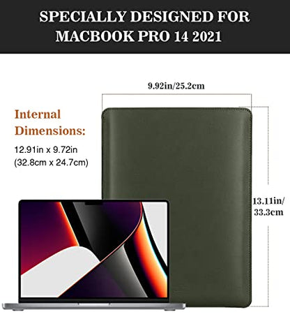 MoKo 14 Inch Laptop Sleeve Bag PU Leather Slim Protective Carrying Case | Laptop Carrying Case Fits MacBook Pro 14-inch M3/M2/M1, Midnight Green - color: Midnight Green, size: 14 Inch