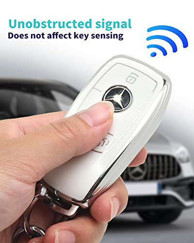 For Mercedes Benz Key cover & Key chain accessories (White set) | Advanced soft TPU key Case is compatible with C E R S G S CLS CLK GLC ML GLE GLS SL SLR Maybach AMG Smart Remote Key - color: Key Case + Sheepskin Metal Key Chain(white)