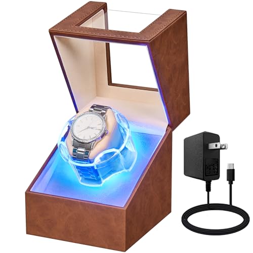 ANWBROAD Watch Winder for Automatic Watches, Single Watch Winder Box Brown | 4 Modes Automatic Watch Winder box, Watch Rotator with Type-C Adapter or Battery Powered, Quiet Motor Watch Pillows UJWW006Z - color: ‎Brown