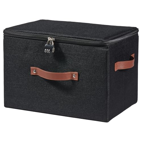 Lockable Storage Bins Box with Zipper Lid Combination Lock | Cotton Linen Fabric Lidded Baskets, Foldable Washable Closet Shelf Organizer Container, w/ PU Leather Handles, Black, Large - color: Black, size: Large ( Set of 1 )