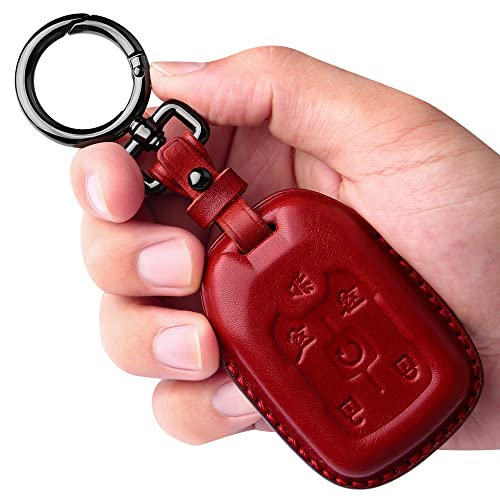 Tukellen Compatible with Chevrolet Leather Key Fob Cover with Keychain,fit 2015-2020 Tahoe Suburban GMC Yukon Smart Remote Key Shell, Genuine Leather for Chevy Key case(6 Buttons)-Red - color: Red, size: 6 Buttons