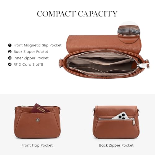 befen Genuine Leather Saddle Crossbody Bags for Women with RFID Blocking, Small Flap Cross Body Purse Hangbags - color: Cognac Brown