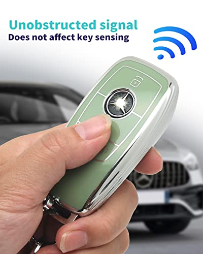For Mercedes Benz Key cover & Key chain accessories (Green set) | Advanced soft TPU key Case is compatible with C E R S G S CLS CLK GLC ML GLE GLS SL SLR Maybach AMG Smart Remote Key - color: Key Case + Sheepskin Metal Key Chain(green)