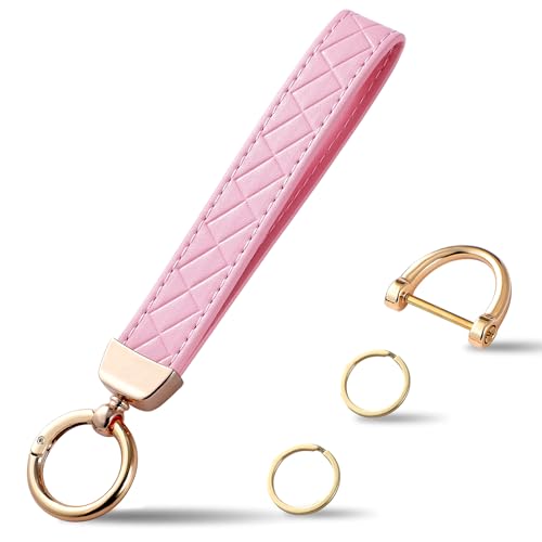 Weixiltc Quilted Leather Wristlet Keychain, D-Ring Car Key Holder | Quilted faux leather & gold hardware. D-ring for car keys + 2 split rings. Hands-free, anti-loss for commute & travel - color: Pink