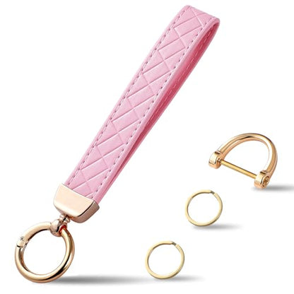 Weixiltc Quilted Leather Wristlet Keychain, D-Ring Car Key Holder | Quilted faux leather & gold hardware. D-ring for car keys + 2 split rings. Hands-free, anti-loss for commute & travel - color: Pink