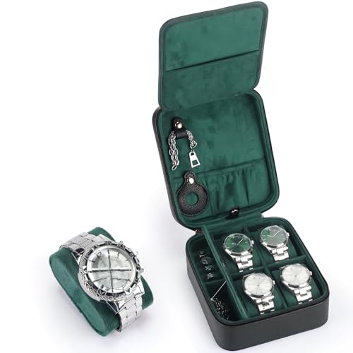 Travel Watch Case for Men 4 Slots PU Leather Mens Father Jewelry Box with Compartments Zippered Portable Watches Cufflinks Accessories Storage Case Gift(Black - Green) - color: Black - Green