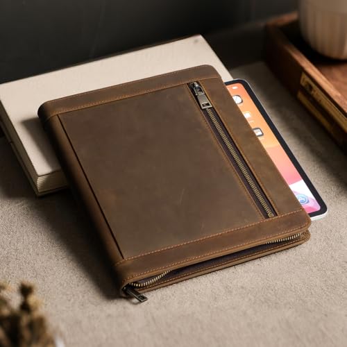 Genuine Leather Portfolio with Zipper for Men/Women, Padfolio Business Resume A4/Pad, Folder Organizer, with Document Pocket, ID Window, Card Slots, Pen Holders (Brown) - color: Brown