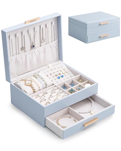 Lolalet 2-Layer Jewelry Box Organizer Holder for Women Girls Mom -Blue | Jewelry Storage Case with Drawers for Necklaces Ring Earrings Bracelet Watch, Gifts Choice for Mom Mother’s Day - color: Blue, size: 2-Layer