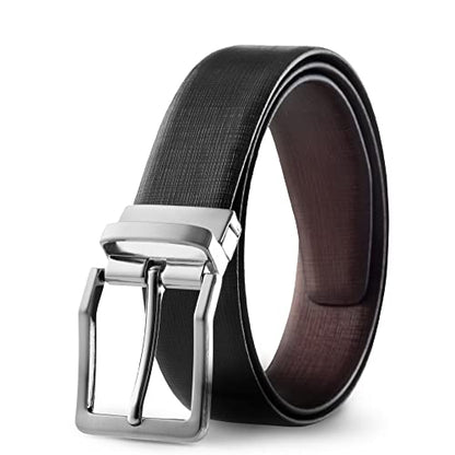Prospero Comfort Men's Reversible Classic Dress Belt Italian Top Grain Leather Black & Brown Rotating Buckle - color: Criss Cross Design Black & Brown, size: Size 42