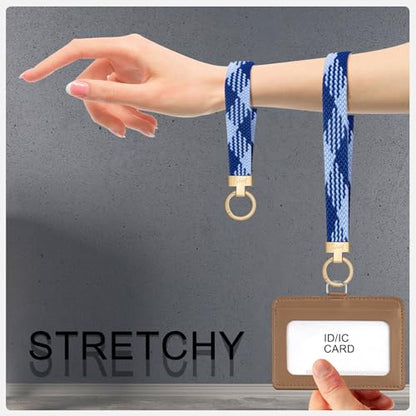 Fishent Stretchy Wristlet Keychain, Cute Key Chain, Woven Wrist Lanyard for Car Keys with 3 Keyrings and D-ring for Women Men - color: Blue-white