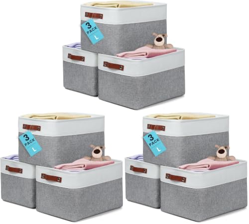 OrganiHaus 15x11in Canvas Storage Baskets 9 Pack | LARGE Fabric Bins for Shelves | Closet & Bedroom Storage | Gray/Off-White - color: Gray / Off-White, size: Large - 3pc (Pack of 3)