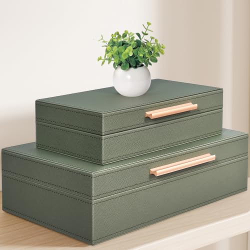 Decorative Box, Decorative Boxes with Lids 2-Set, Memory Box for Keepsakes | Beautiful PU Leather Decorative Storage Boxes in Style, Decor Box with Rose Metal Handle, Store Photos, Documents Green - color: Green