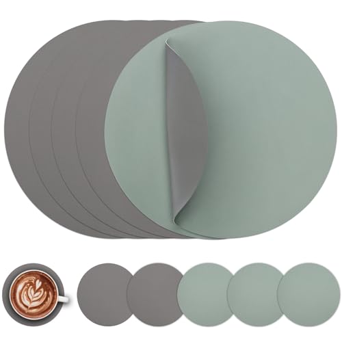 Myir JUN 15 Inches Round Placemats Set of 6 Faux Leather Place Mats | Waterproof Heat Resistant Placemats and Coasters Dual Sided Non-Slip Stain Table Mats for Dining Table, Gray & Sage green - color: Gray & Sage Green, size: Set of 6