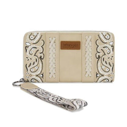 Montana West Wrangler Western Paisley Wristlet Wallet for Women, PU Leather Zip Around Card Holder Clutch with RFID Blocking & Coin Pocket - color: Tan