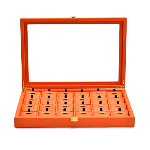 Oirlv Premium Leather Jewelry Tray with 24 Grid Removable Jewelry Cards Necklace Organizer Box with Transparent Acrylic Lid Necklace Pendant Display Case - color: Orange, size: 24 Gird with Inserts