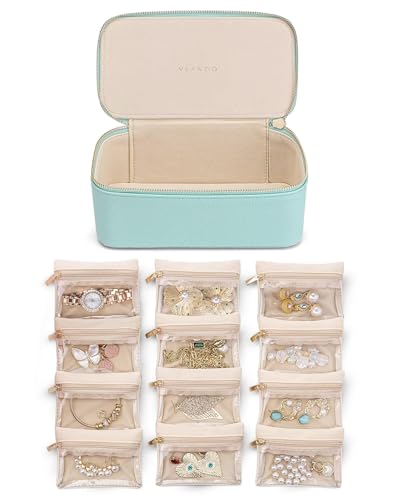VLANDO Travel Jewelry Box with 12 Clear Velvet Zipper Pouches,Lake Blue | Travel Luggage Storage,Rings,Bracelets,Earrings Storage,Women Girls,Bridesmaid,Anniversaries Gift - color: D.12PCS Lake Blue