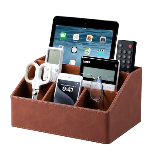 Desk Organizer Caddy Nightstand Organizer Desk Caddy Remote Holder | PU Leather, 5 Compartments, Soft Velvet Lining, Large Storage Capacity - color: Brown