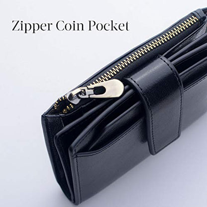 Bveyzi Small Leather Wallet for Women, RFID Bifold with ID Window | Holds 11 cards, a pull-out ID sleeve, zippered coin pocket & bill slot — fits crossbody bags and keeps everything organized - color: Black