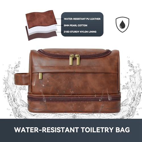 Toiletry Bag for Men,Large Leather Travel Pouch Bag with Hanging hook - color: Dark Brown
