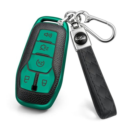 Key Fob Cover for Ford, Leather Grain Texture TPU Key Case with Keychain, Compatible with 2013-2018 Explorer F150 Fusion Mustang Edge Lincoln MKZ MKC, 5 Buttons (Green) - color: Green