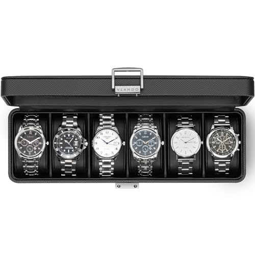 VLANDO Watch Case for Men,6-Slot Lockable Watch Box for Men with Glass Lid - color: A. Black-6 Slot