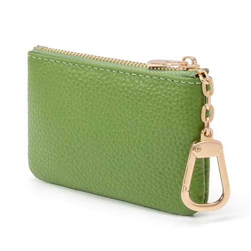 Full Grain Leather Coin Purse with Key Chain - Small Change Purse Keychain Card Holder Keychain Pouch Small Keychain Wallet for Women and Men (Grass Green) - color: Grass Green, Regular Size