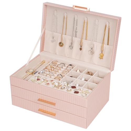 Jewelry Box Organizer, 3-Tier Jewelry Storage Organizer with 2 Drawers, Large Jewelry Box for Girls Women, PU Leather Surface with Texture, Gift Idea, Modern Style (Pink) - color: Pink