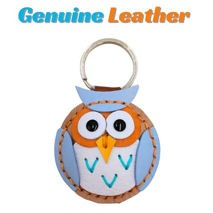 Genuine Leather Keychain, Animal Keyring, Bag Purse Charm Pendant Gifts Handmade, Cute Key Holder, Pets Lover Accessories - color: Owl Light Blue - Nude