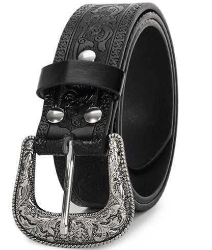 YCMI Womens Men Western Cowboy Belts Floral Engraved Engraved Buckle Adjustable Belt for Jeans Dress Skirt - color: Black