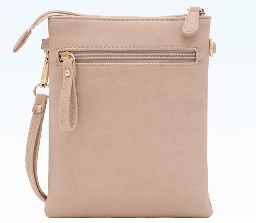 Small Crossbody Bag for Women, Multi Zip Pockets with Detachable Wristlet, Lightweight Travel Purse, Cell Phone Pouch - color: Nude