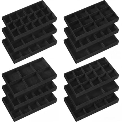Junkin 12 Pcs Stackable Velvet Jewelry Organizer Tray Storage - color: Black