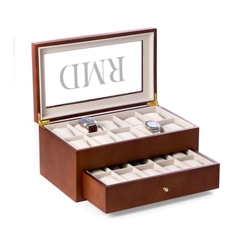 Bey-Berk Personalized Bosh Cherry Wood 20-Slot Watch Box, Glass-Top Solid Wood Watch Display Case with Drawer and Velour-Lined Cushions, 14.75" x 8.5" x 6.5" - color: 20 Watches