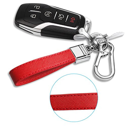 QBUC Genuine Leather Car Keychain Universal Metal Key Chain (Red) | Car Fob Key Keychain Holder with 360 Degree Rotatable Snap Swivel and Anti-Lost D-Ring for Men Women - color: Red