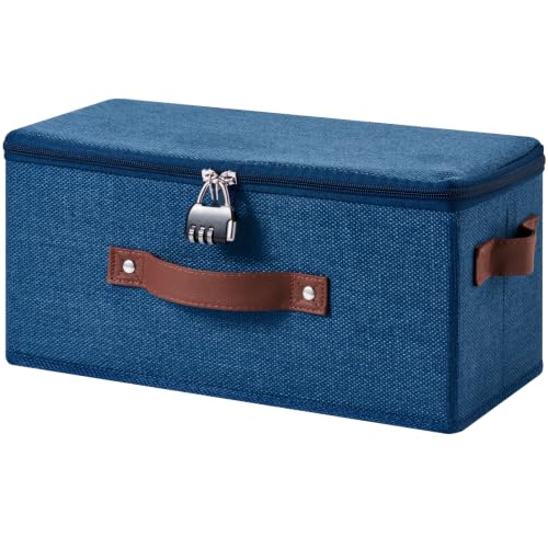 Lockable Storage Bins Box with Zipper Lid Combination Lock | Cotton Linen Fabric Basket w/ PU Leather Handles, DVD CD Container, Foldable Closet Shelf Organizer, Deep Blue, 13"x 6"x 6" - color: Deep Blue, size: Small-13"L ( Set of 1 )