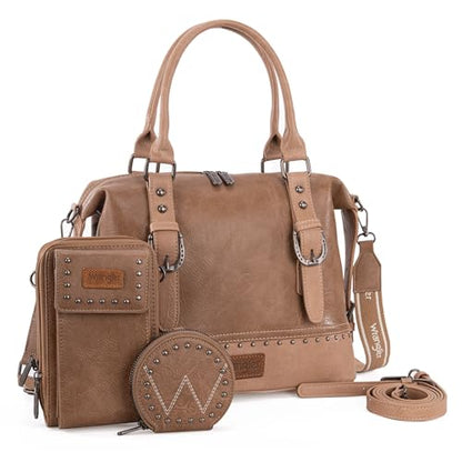 Wrangler 3Pcs Doctor Bag Sets for Women Top-handle Satchel Bag with Cell Phone Handbag and Coin Purse - color: Eye-catching Khaki