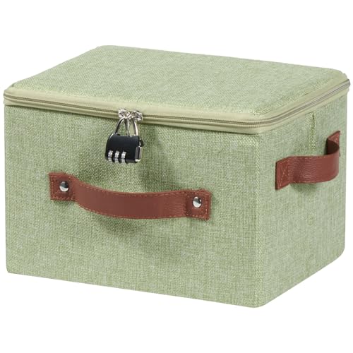 Lockable Storage Bins Box with Zipper Lid Combination Lock | Cotton Linen Fabric Baskets, Foldable Washable Closet Shelf Organizer Container, w/ PU Leather Handles, Light Green, Small - color: Light Green, size: Small ( Set of 1 )