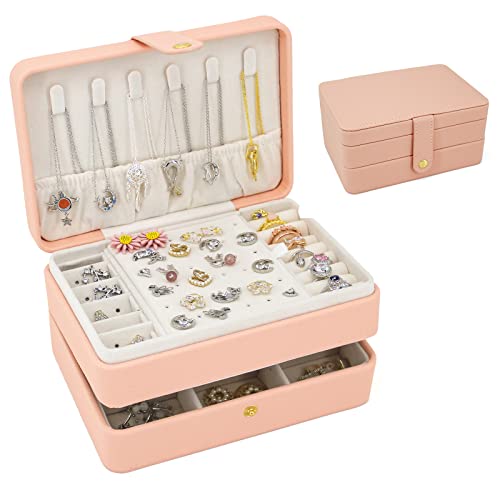 KOOAAICCHI Small Travel Jewelry Organizer Portable Jewelry Holder-Pink | Compact 2‑layer storage case, practical gift for women. Neatly stores rings, earrings, necklaces for home storageuse - color: JS-Pink