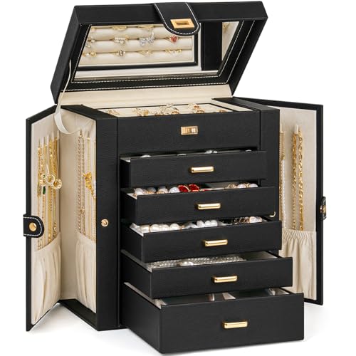 AKOZLIN 6-Tier Jewelry Box Organizer 5 Drawers Jewelry Storage Case - color: Black, size: Medium