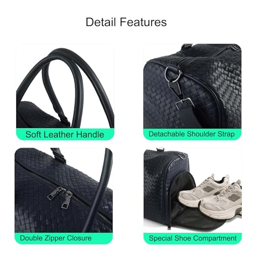 Weekender Bags with Shoe Compartment Travle Carry On Bag (Navy Blue) | Handwoven Duffel for Women with Wet Dry Separation, Beach Tote for Gym Overnight Trip - color: Navy Blue