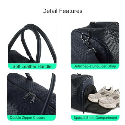 Weekender Bags with Shoe Compartment Travle Carry On Bag (Navy Blue) | Handwoven Duffel for Women with Wet Dry Separation, Beach Tote for Gym Overnight Trip - color: Navy Blue