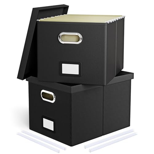 2 Pack File Storage Organizer Box, Portable Filing With Lid, Fit for Letter/Legal Folder Storage, Black (Leather) - color: Black(Leather), size: 2 pack