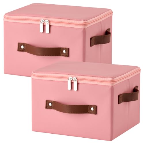 2PCS Storage Bins with Zipper Lid PU leather Storage Boxes Leather Fabric Collapsible Lidded Baskets Cube with Handle Decorative Shelves Closet Office Organizer Container(Pink, Small Size) - color: Pink, size: Small(set of 2)
