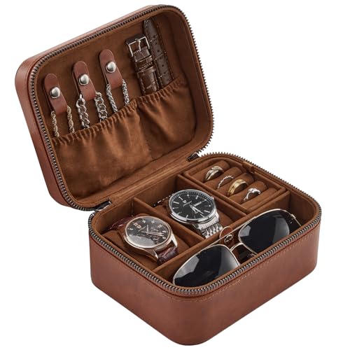 ProCase Travel Watch Case, 2 Slots Mens Jewelry Box -Lightbrown | PU Leather Storage Case for Watches, Cufflinks and Accessories, Zippered Carrying Organizer Bag for Man - color: Lightbrown, size: 2-Slot